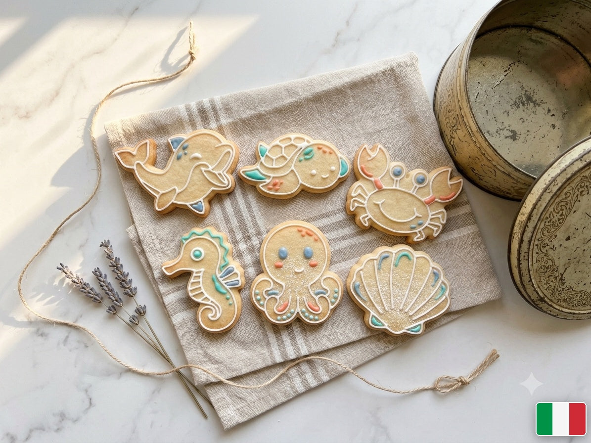 Composizione regalo con biscotti a tema mare e scatola di latta vintage