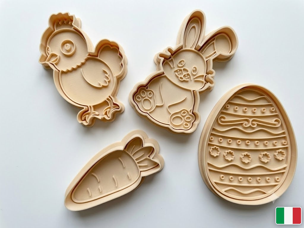 Set formine Pasqua: coniglio, pulcino, uovo decorato e carota in PLA alimentare avorio