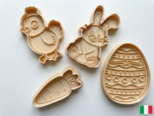 Set formine Pasqua: coniglio, pulcino, uovo decorato e carota in PLA alimentare avorio