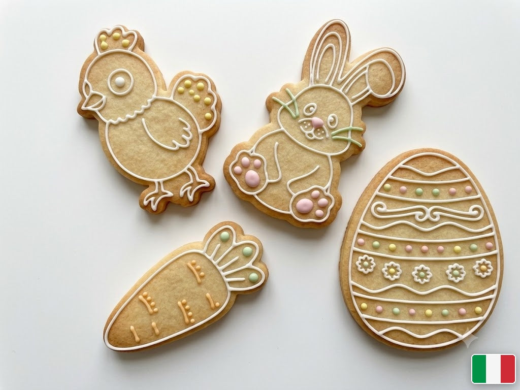 Biscotti di Pasqua decorati con ghiaccia reale bianca e accenti pastello