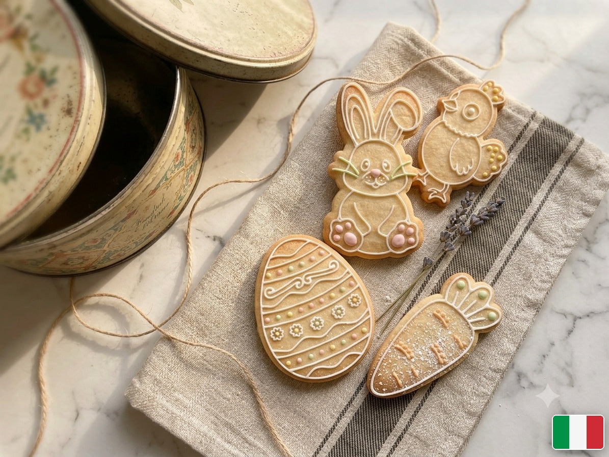 Composizione regalo con biscotti di Pasqua e scatola di latta vintage