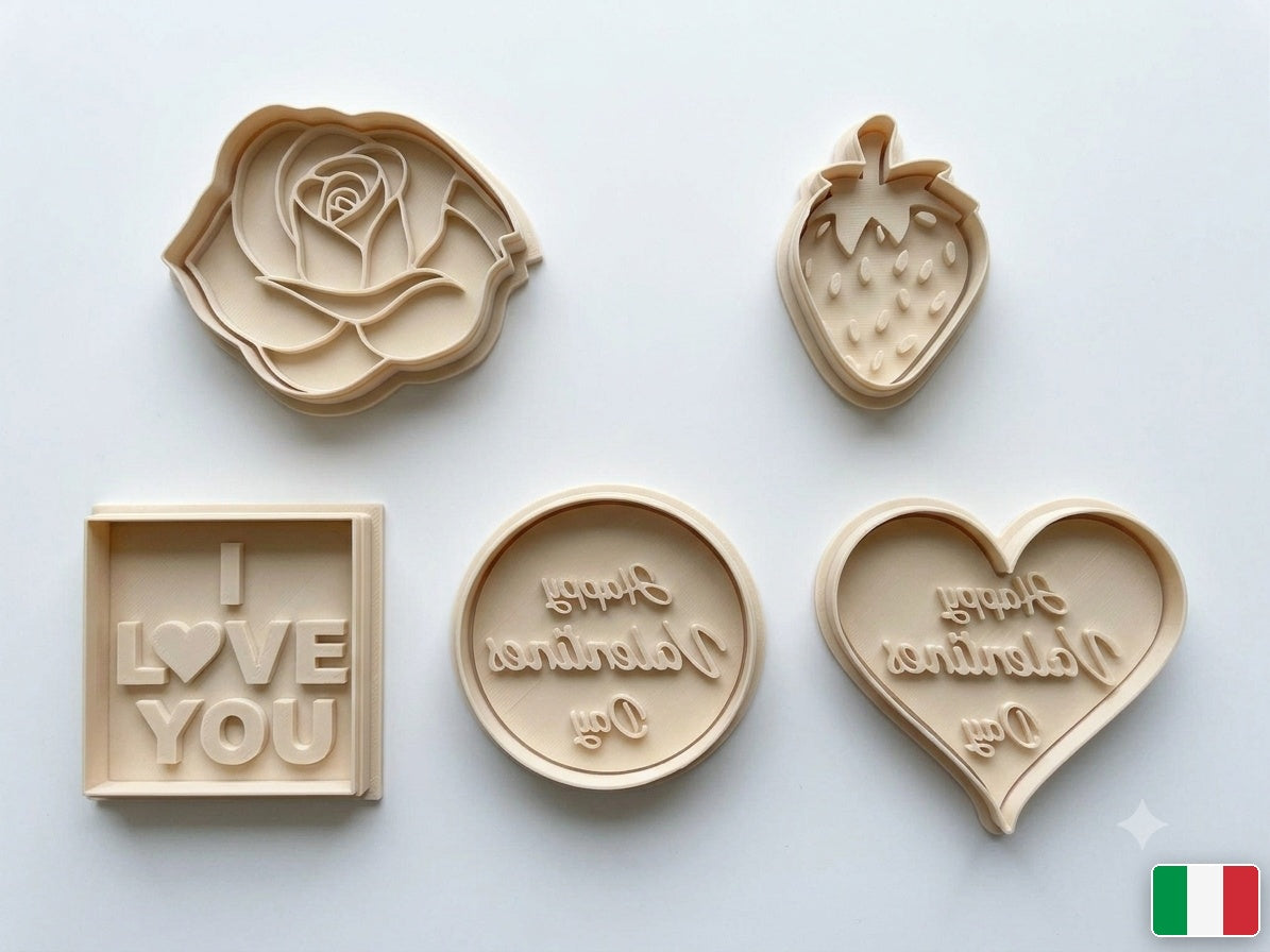 Set formine San Valentino: cuore, rosa, fragola e targhe con messaggi in PLA alimentare avorio