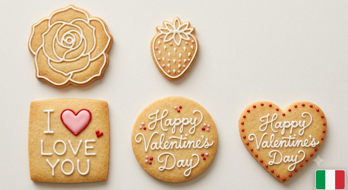 Biscotti di San Valentino decorati con ghiaccia bianca e accenti rossi e rosa