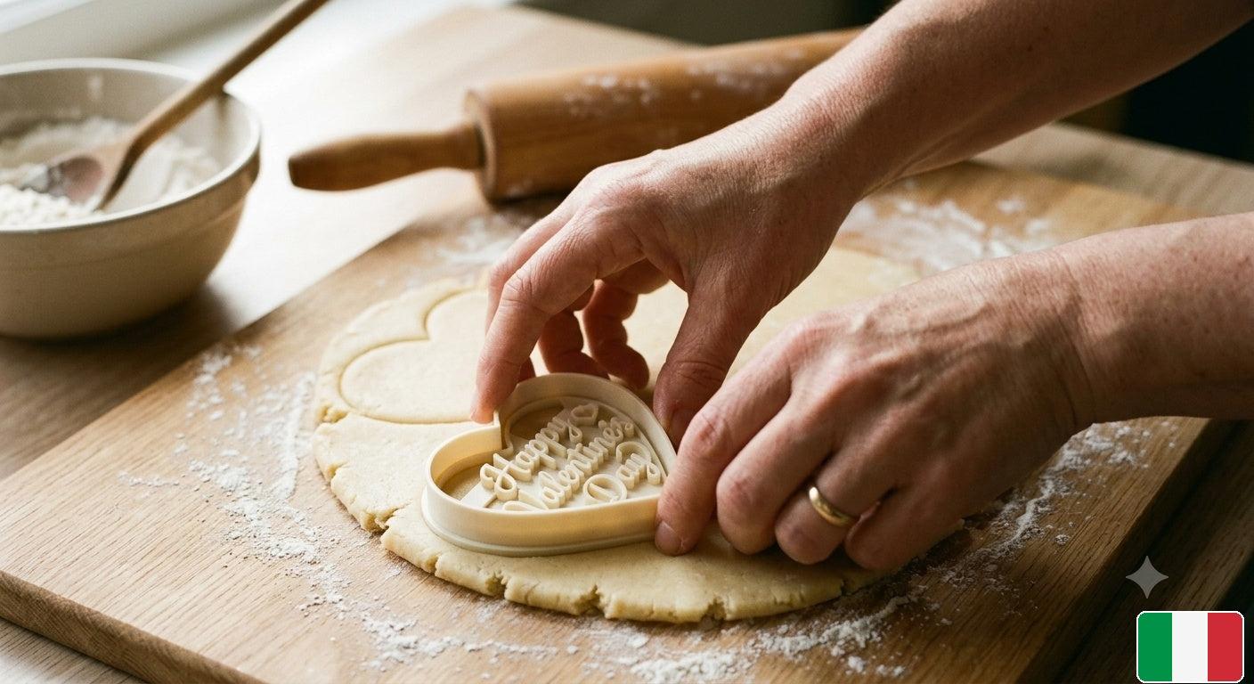 Mani che usano la formina cuore sull'impasto di frolla
