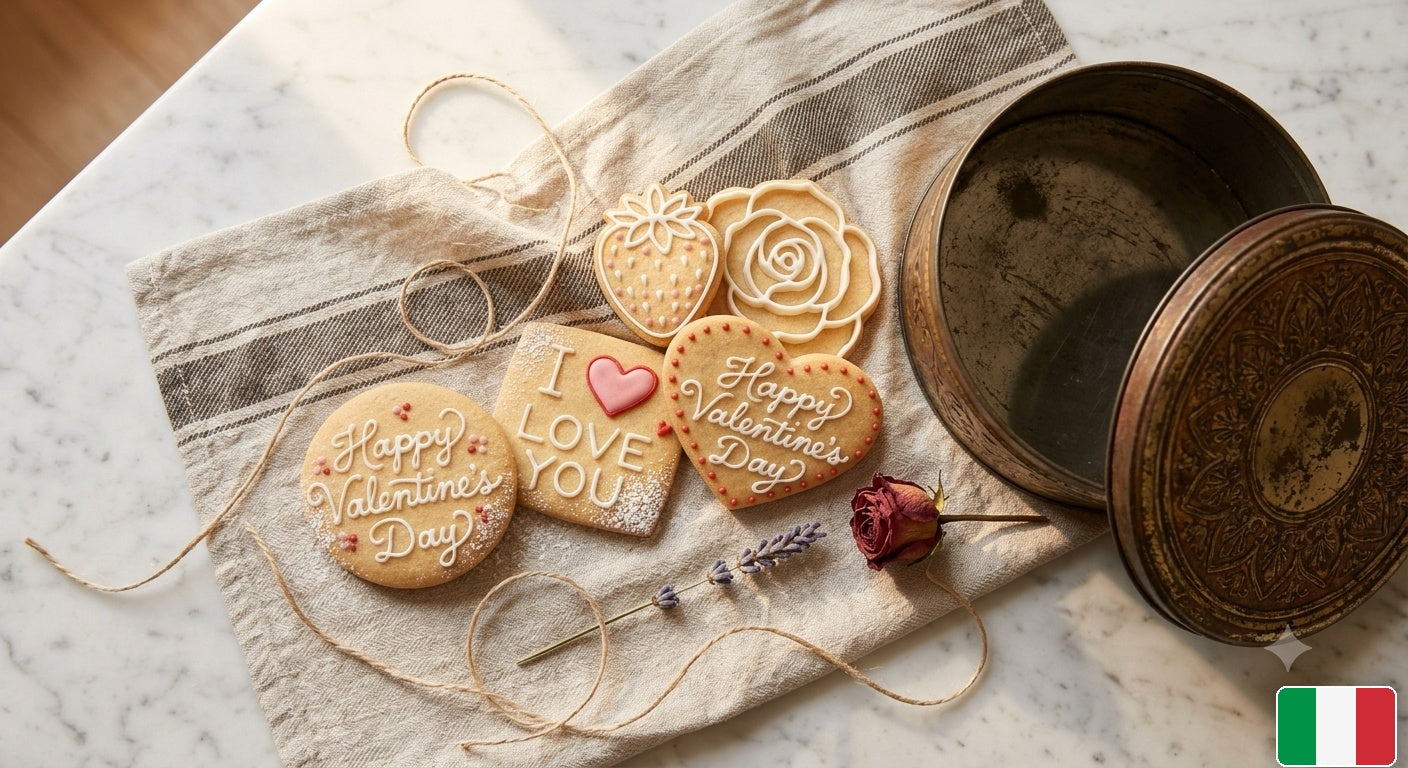 Composizione regalo con biscotti di San Valentino e scatola di latta vintage