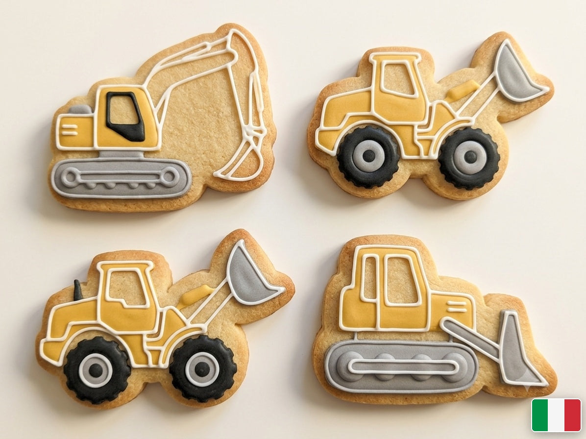 Biscotti mezzi da cantiere decorati con ghiaccia bianca e accenti gialli e neri