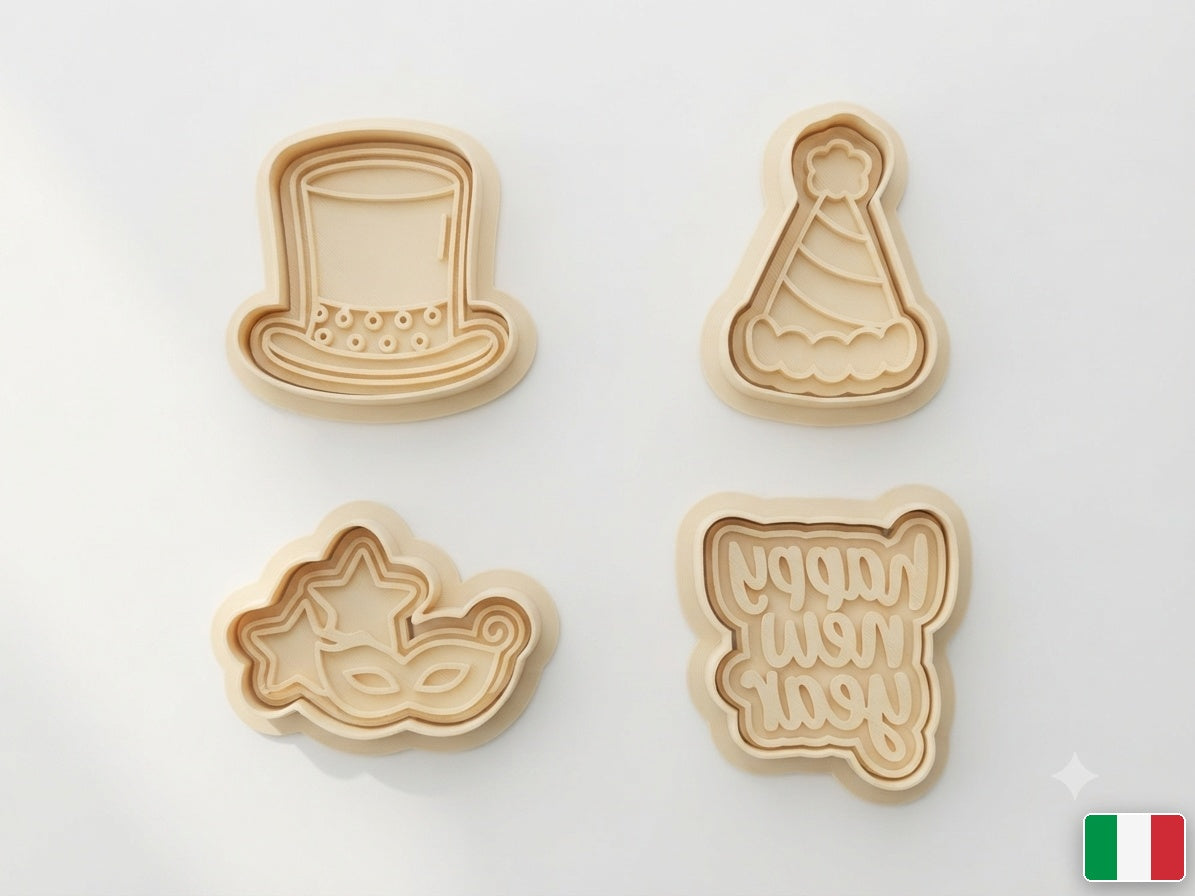 Set formine Capodanno: cilindro, cappellino, mascherina e scritta Happy New Year in PLA alimentare avorio