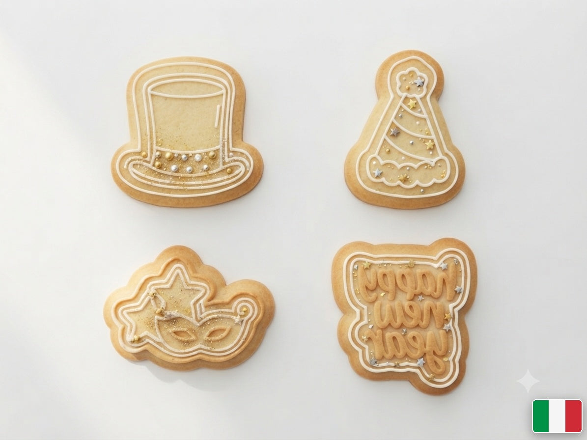 Biscotti di Capodanno decorati con ghiaccia bianca e accenti oro e argento