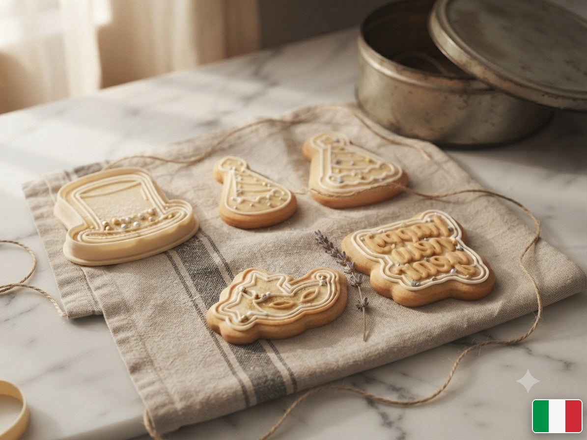 Composizione regalo con biscotti di Capodanno e scatola di latta vintage