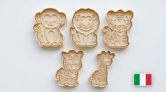 Set di 5 tagliabiscotti animali safari: scimmia, leone, tigre, zebra e giraffa in PLA avorio