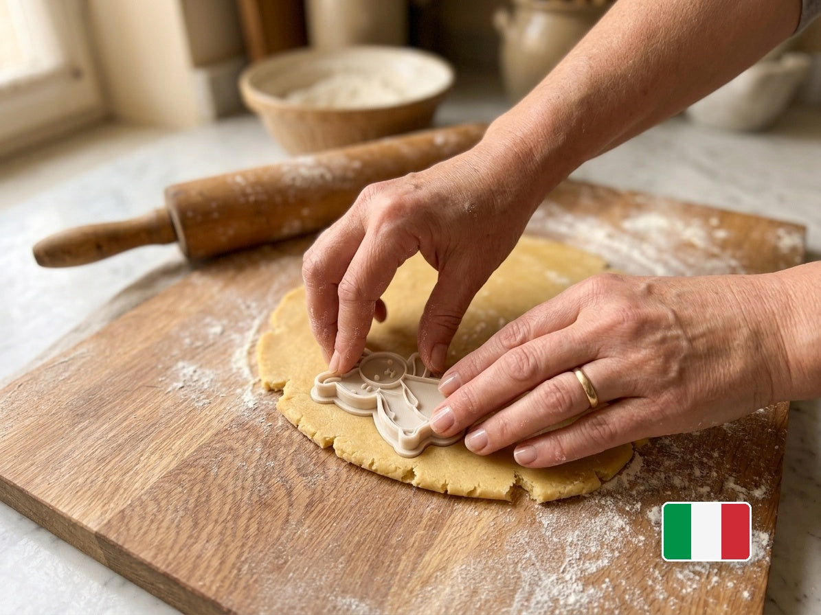 Mani che usano il tagliabiscotti Bing sull'impasto