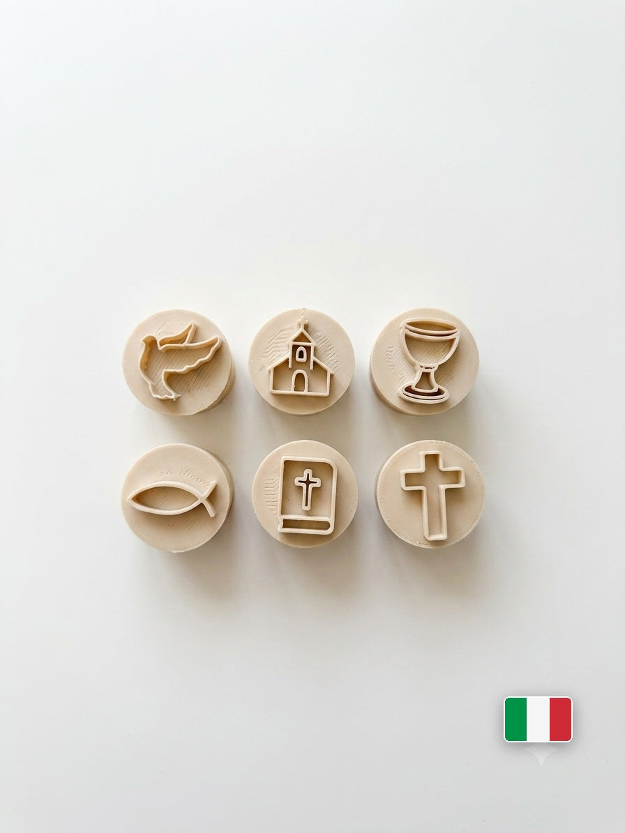 Set di 6 timbri per dolci con simboli di Comunione e Battesimo: colomba, chiesa, calice, pesce, Bibbia e croce in PLA avorio