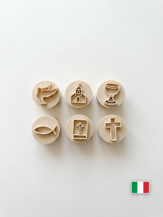 Set di 6 timbri per dolci con simboli di Comunione e Battesimo: colomba, chiesa, calice, pesce, Bibbia e croce in PLA avorio