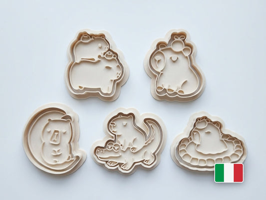 Set di 5 tagliabiscotti capybara kawaii con coccodrillo in PLA avorio