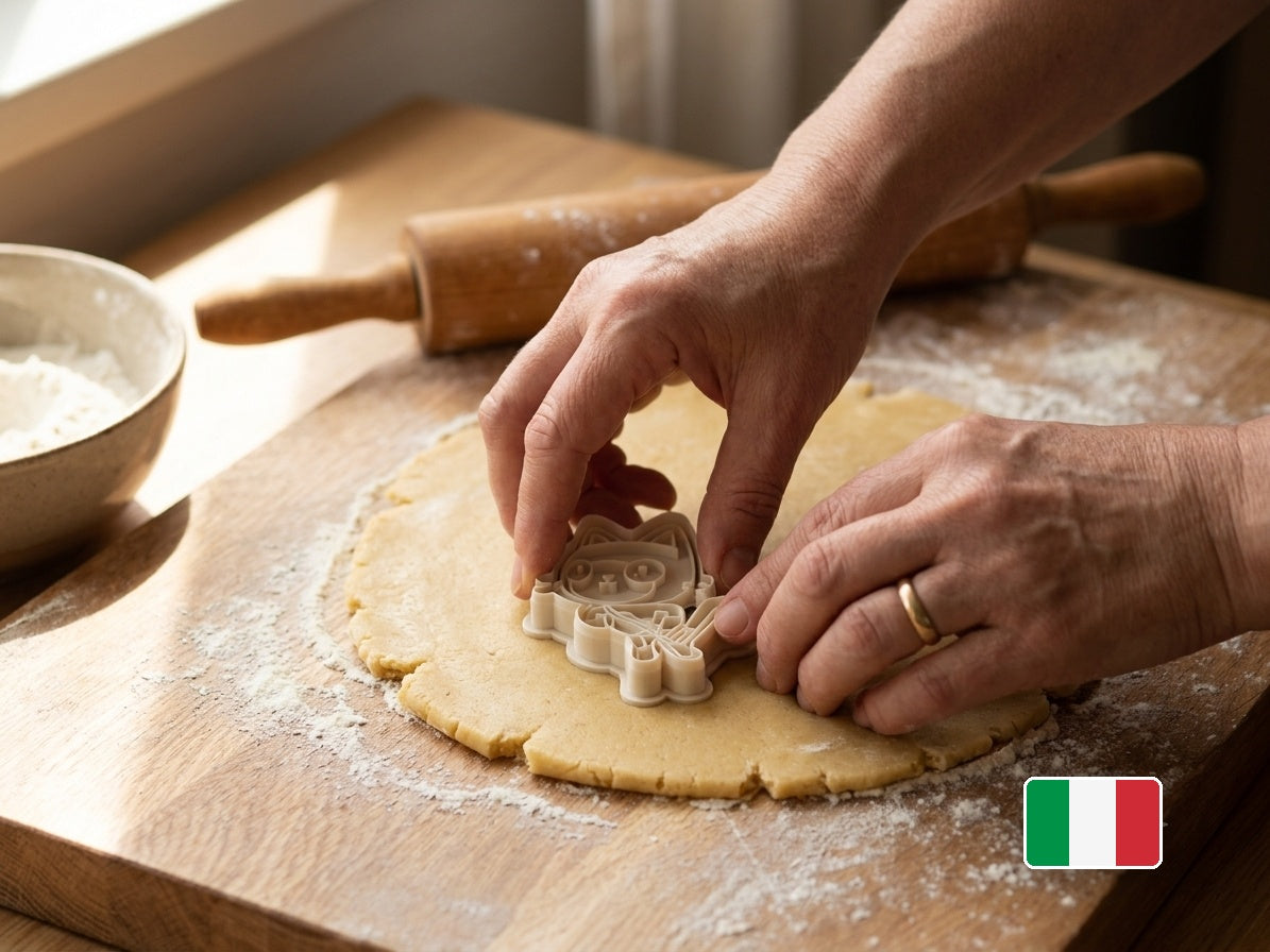 Mani che usano il tagliabiscotti Gabby sull'impasto