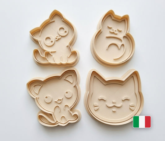 Set di 4 tagliabiscotti a forma di gattini kawaii in PLA avorio