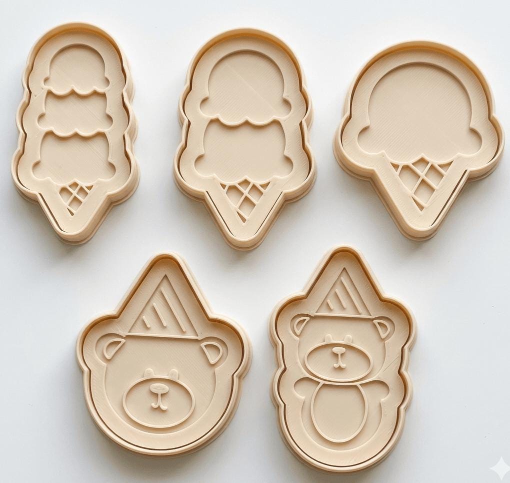 Set 5 stampini biscotti Festa Estiva — gelati e orsetto compleanno, PLA avorio
