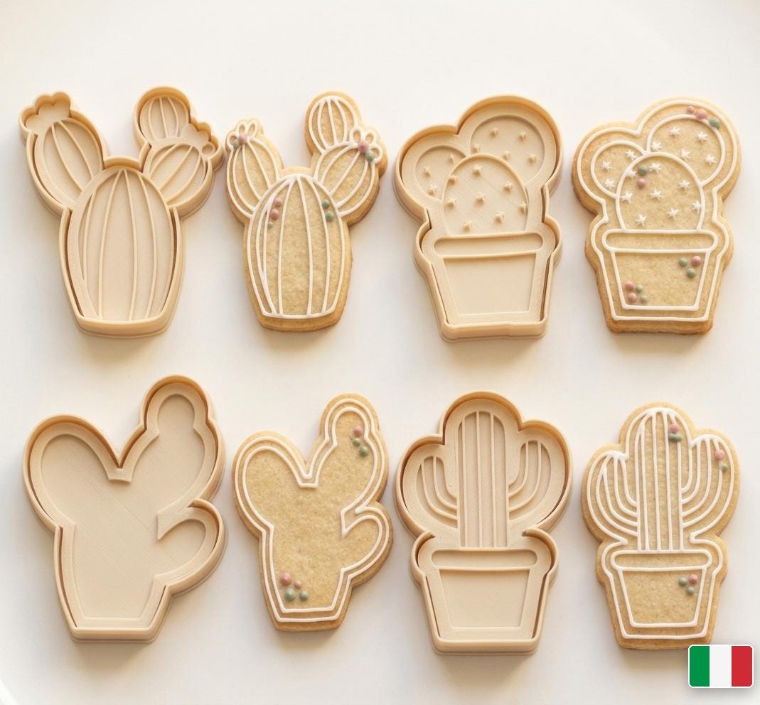 Set 4 stampini biscotti Cactus — piante grasse e fico d'India, PLA bianco