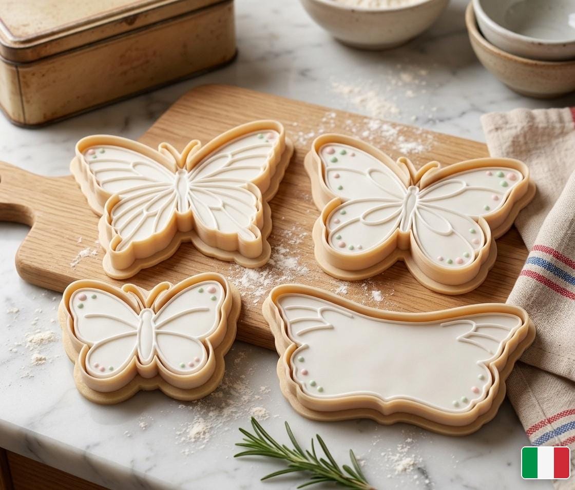 Set 4 stampini biscotti Farfalle — dettaglio rialzato, PLA bianco