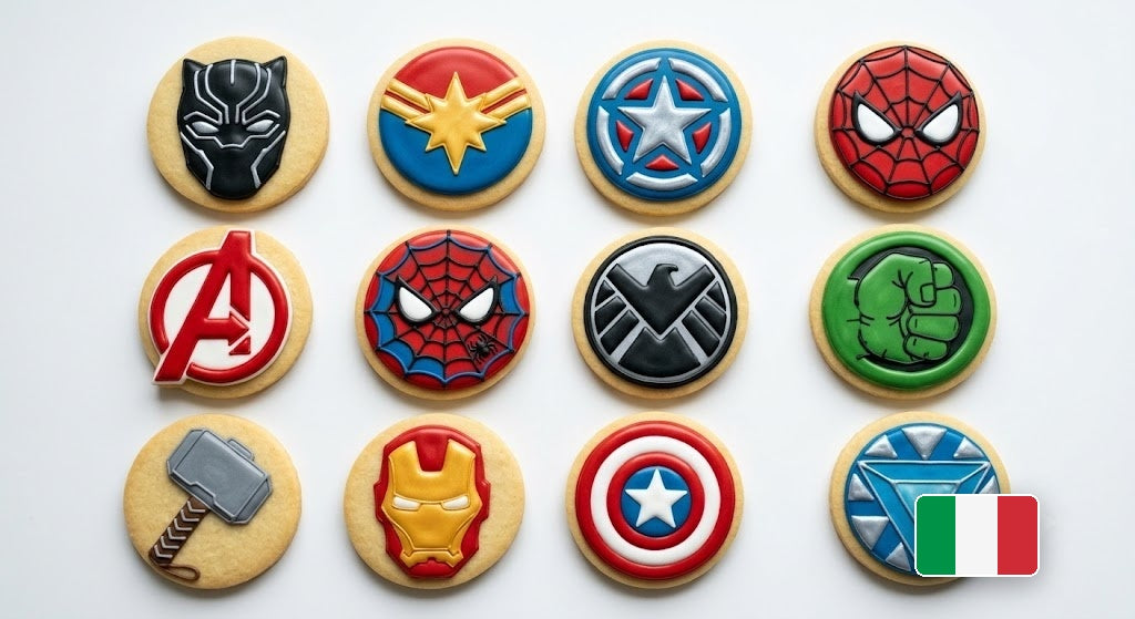 Biscotti emblemi Marvel decorati con ghiaccia colorata