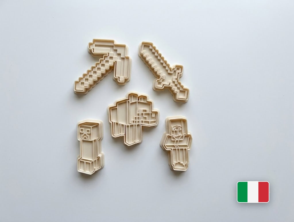 Set 5 tagliabiscotti Minecraft - piccone, spada, lupo, Creeper, Steve