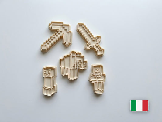 Set 5 tagliabiscotti Minecraft - piccone, spada, lupo, Creeper, Steve