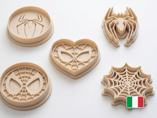 Set di 5 tagliabiscotti a tema ragno: emblema, ragno, maschere e ragnatela in PLA avorio